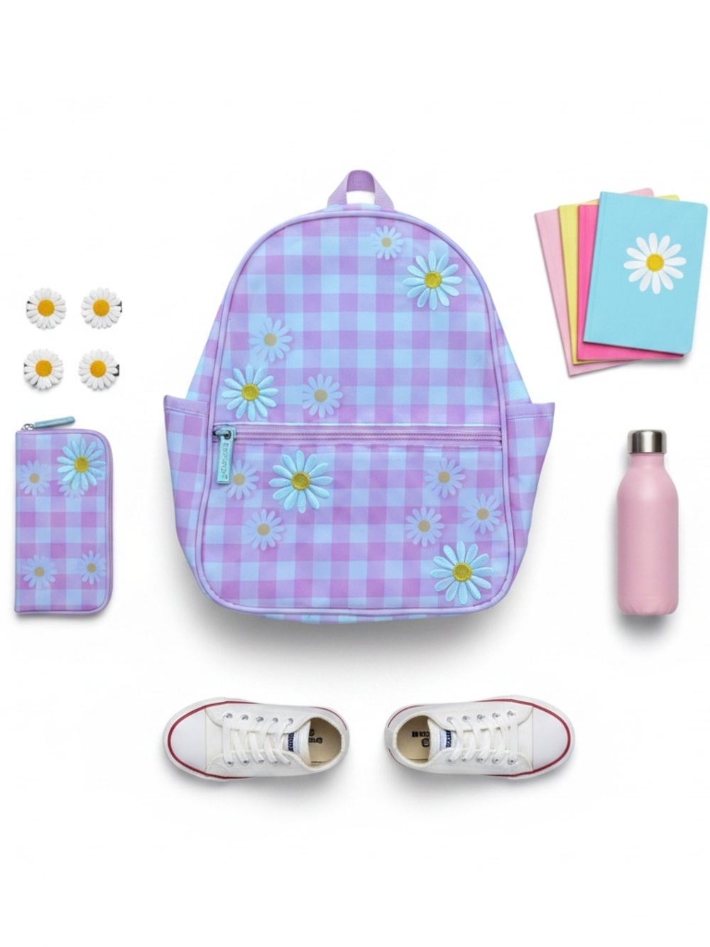 Iscream Pink Gingham Daisy Mini Backpack Embroidered Floral Bag - Picture 3 of 7